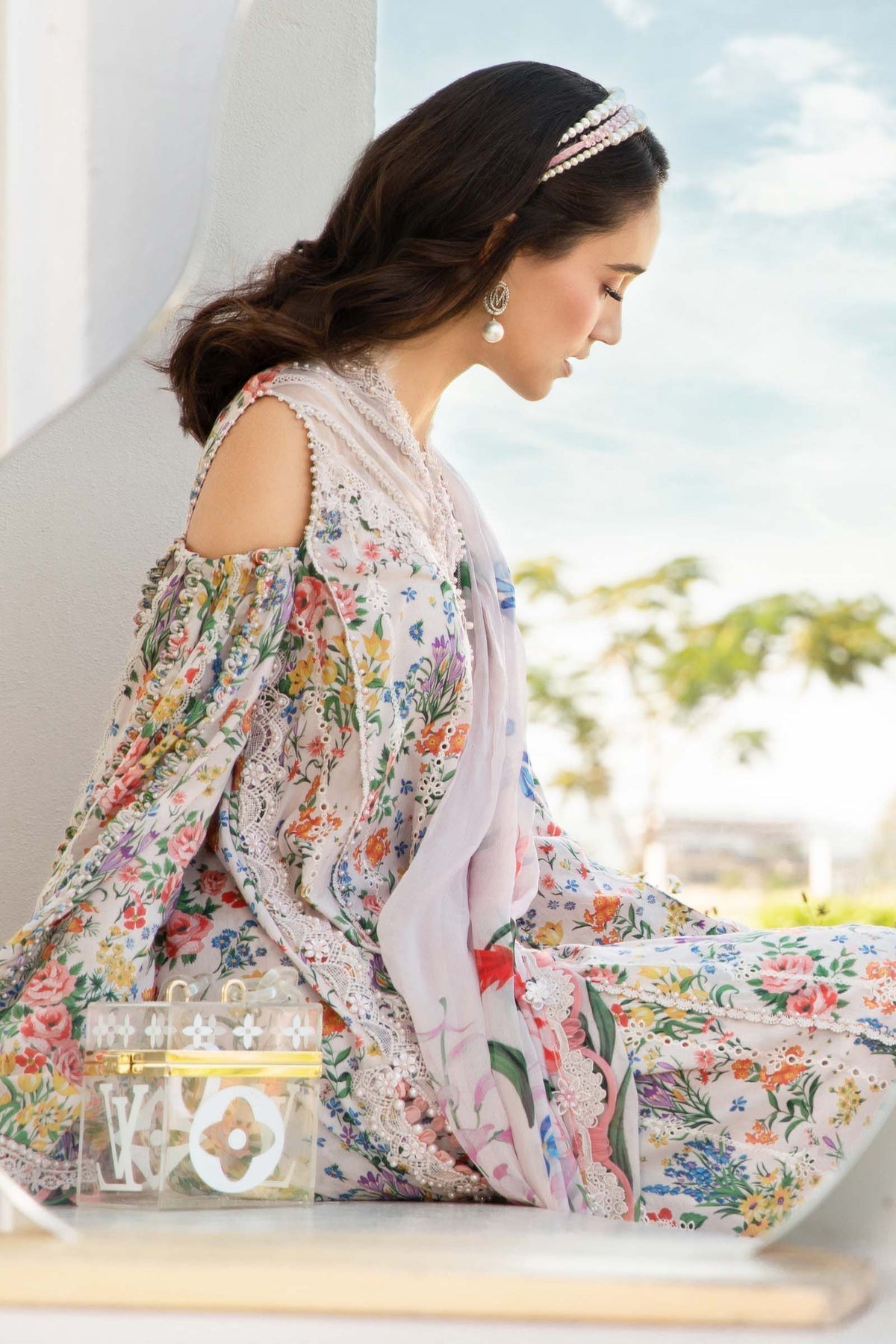 MARIA.B-3PC LAWN PRINTED EMBROIDERED SHIRT WITH CHIFFON PRINT DUPATTA & PRINT TROUSER-PK-3619