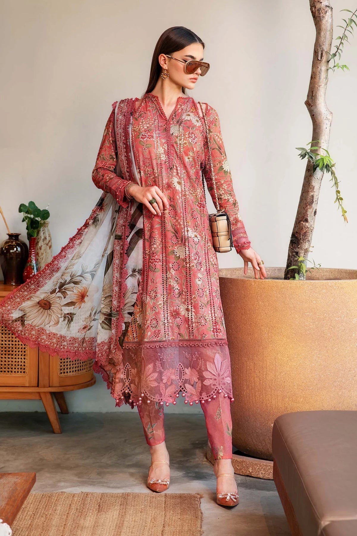 MARIA.B-3PC LAWN PRINT EMBROIDERED SHIRT WITH CHIFFON PRINT DUPATTA & PRINT TROUSER-PK-5617