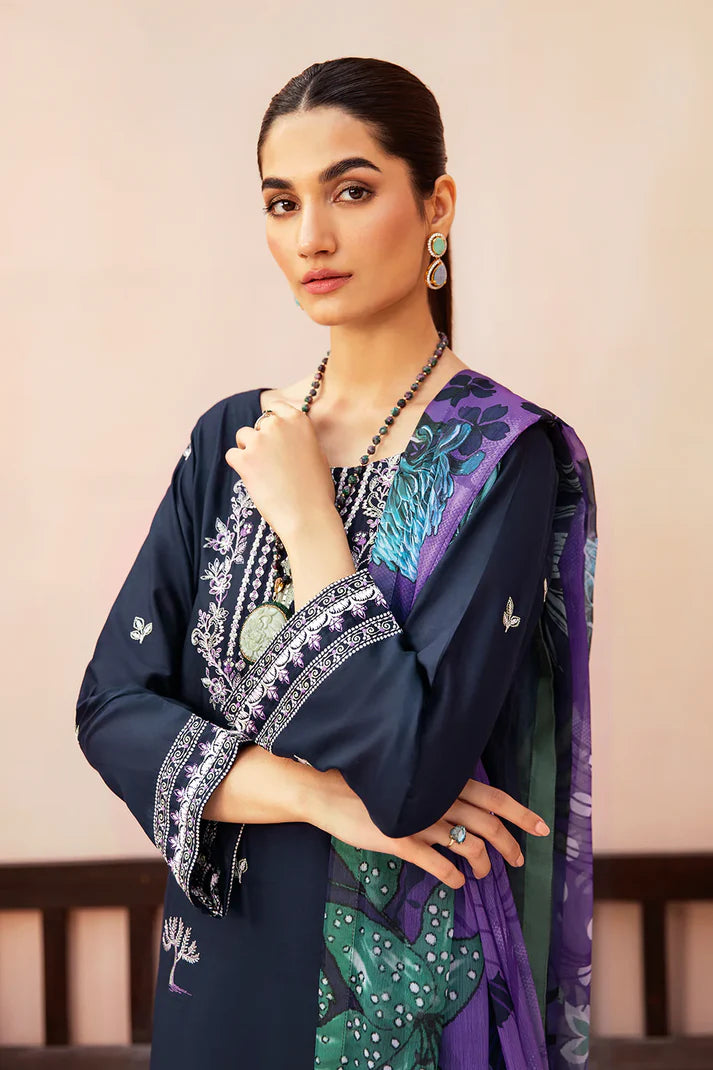 AFSANAH-3PC DHANAK EMBROIDERED SHIRT WITH COUTURE PRINTED SHAWL & TROUSER-EP-5495