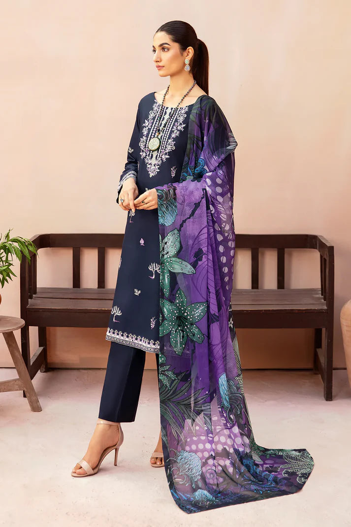 AFSANAH-3PC DHANAK EMBROIDERED SHIRT WITH COUTURE PRINTED SHAWL & TROUSER-EP-5495