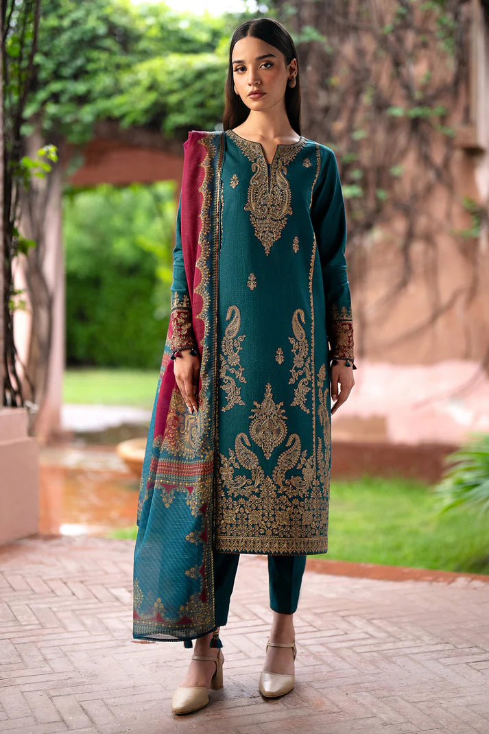 JAZMIN- 3PC DHANAK EMBROIDERED SHIRT WITH TWILL PRINT SHAWL AND TROUSER-EP-5379-A