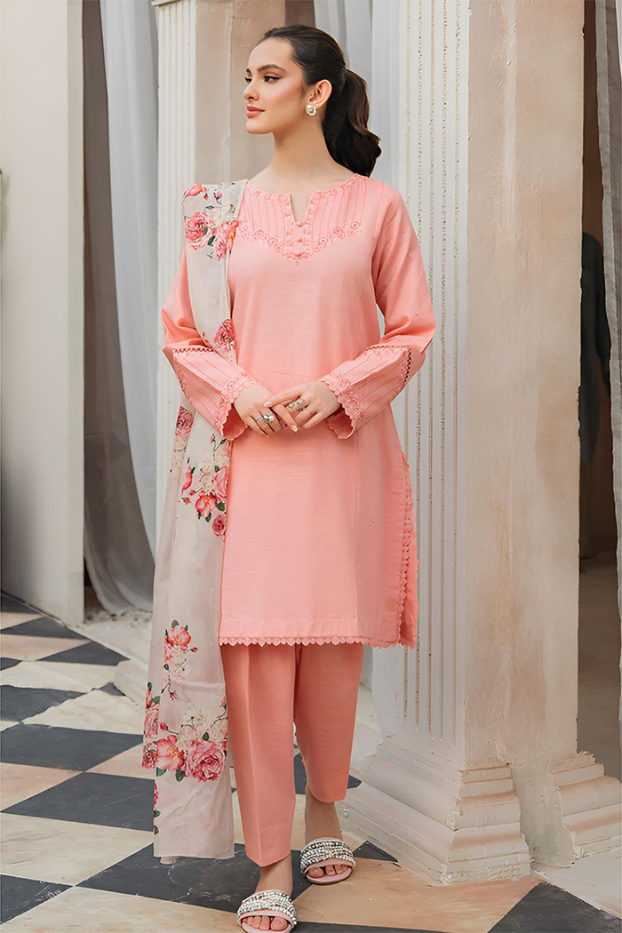 ZIVA - 3PC DHANAK EMBROIDERED SHIRT WITH TWILL PRINTED SHAWL & TROUSER- EP-5135