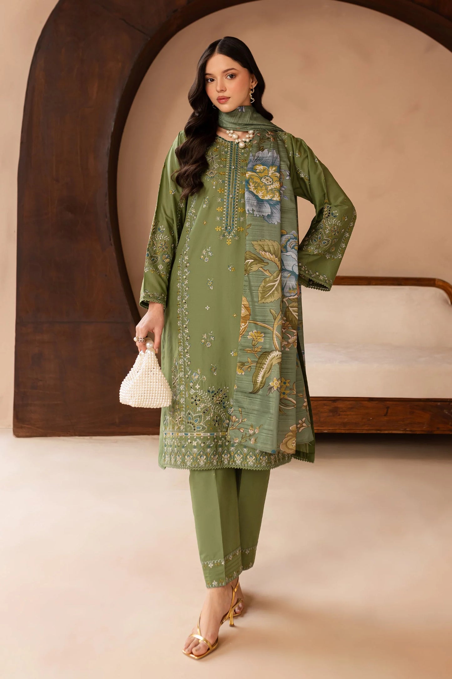 BATIK-3PC LAWN EMBROIDERED SHIRT WITH MONARK PRINT DUPATTA AND EMB TROUSER-PK-5630
