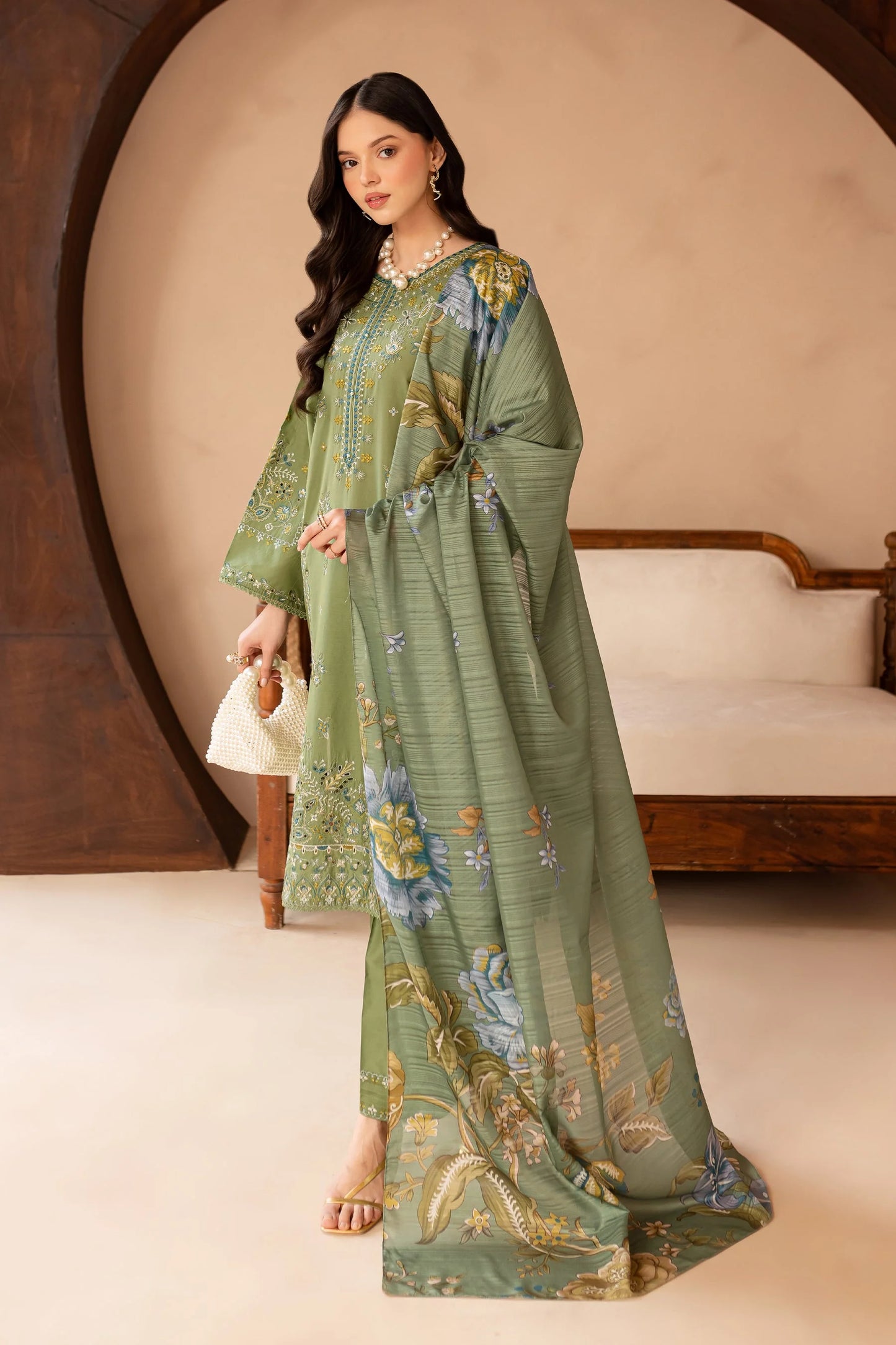 BATIK-3PC LAWN EMBROIDERED SHIRT WITH MONARK PRINT DUPATTA AND EMB TROUSER-PK-5630