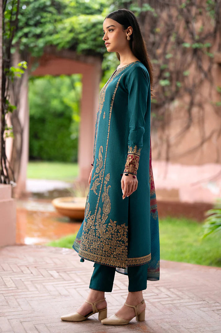 JAZMIN- 3PC DHANAK EMBROIDERED SHIRT WITH TWILL PRINT SHAWL AND TROUSER-EP-5379-A