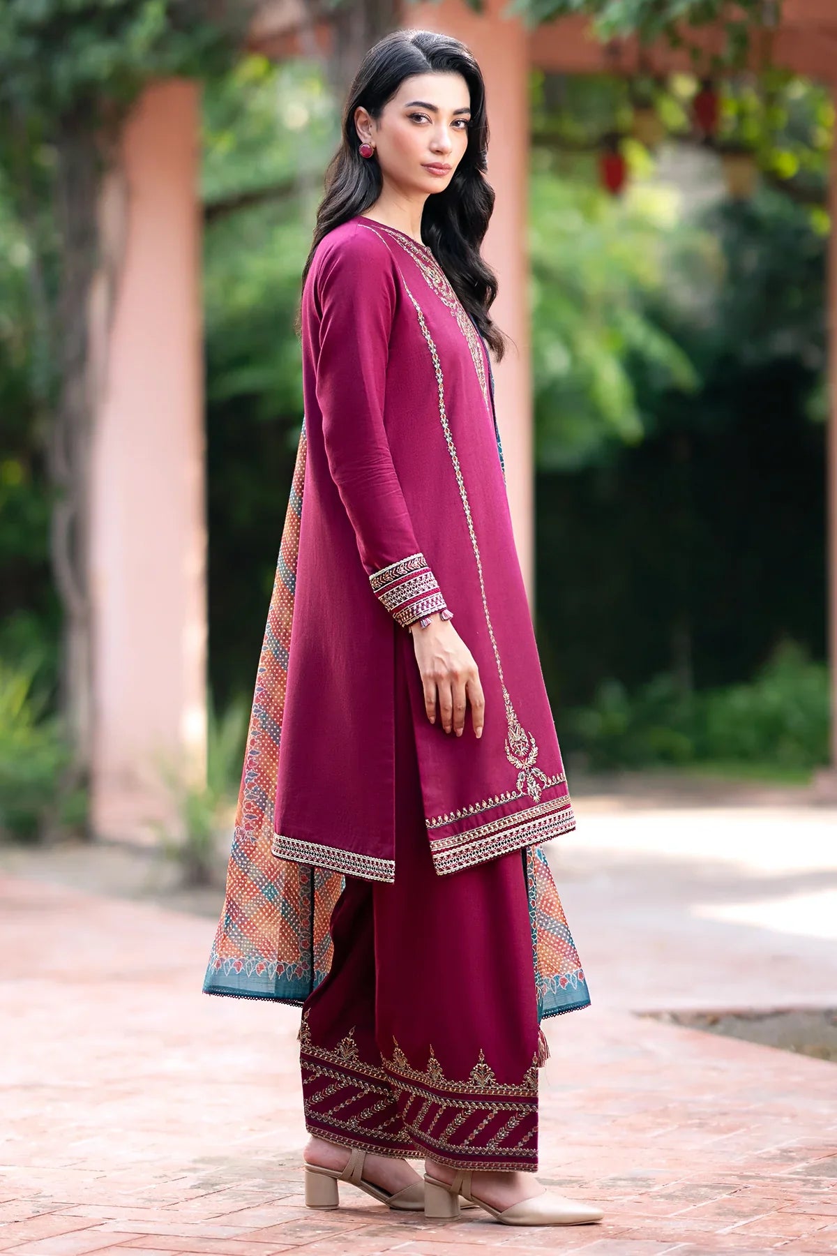 JAZMIN - 3PC DHANAK EMBROIDERED SHIRT WITH TWILL PRINTED SHAWL & TROUSER-EP-5518