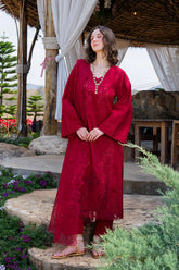 GARNET-UNSTITCHED 3PC LAWN CHIKANKARI EMBROIDERED SUIT-PK-4843