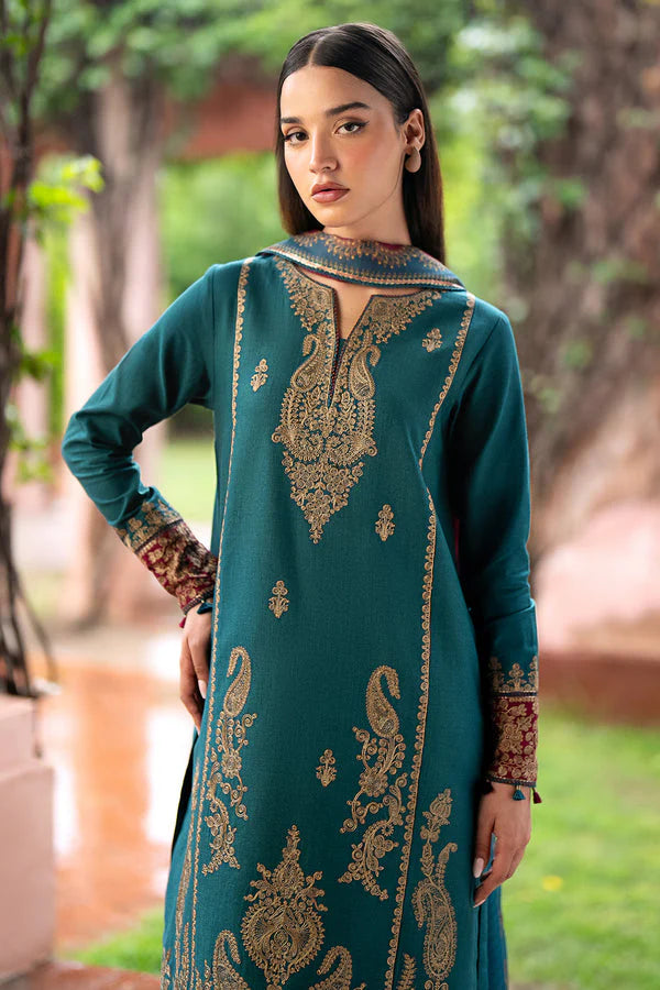 JAZMIN- 3PC DHANAK EMBROIDERED SHIRT WITH TWILL PRINT SHAWL AND TROUSER-EP-5379-A