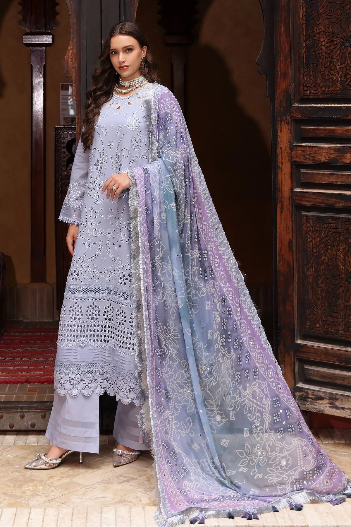 NUREH-3PC LAWN CHIKANKARI EMBROIDERED SHIRT WITH MONARK PRINTED DUPATTA AND EMB TROUSER-PK-5637