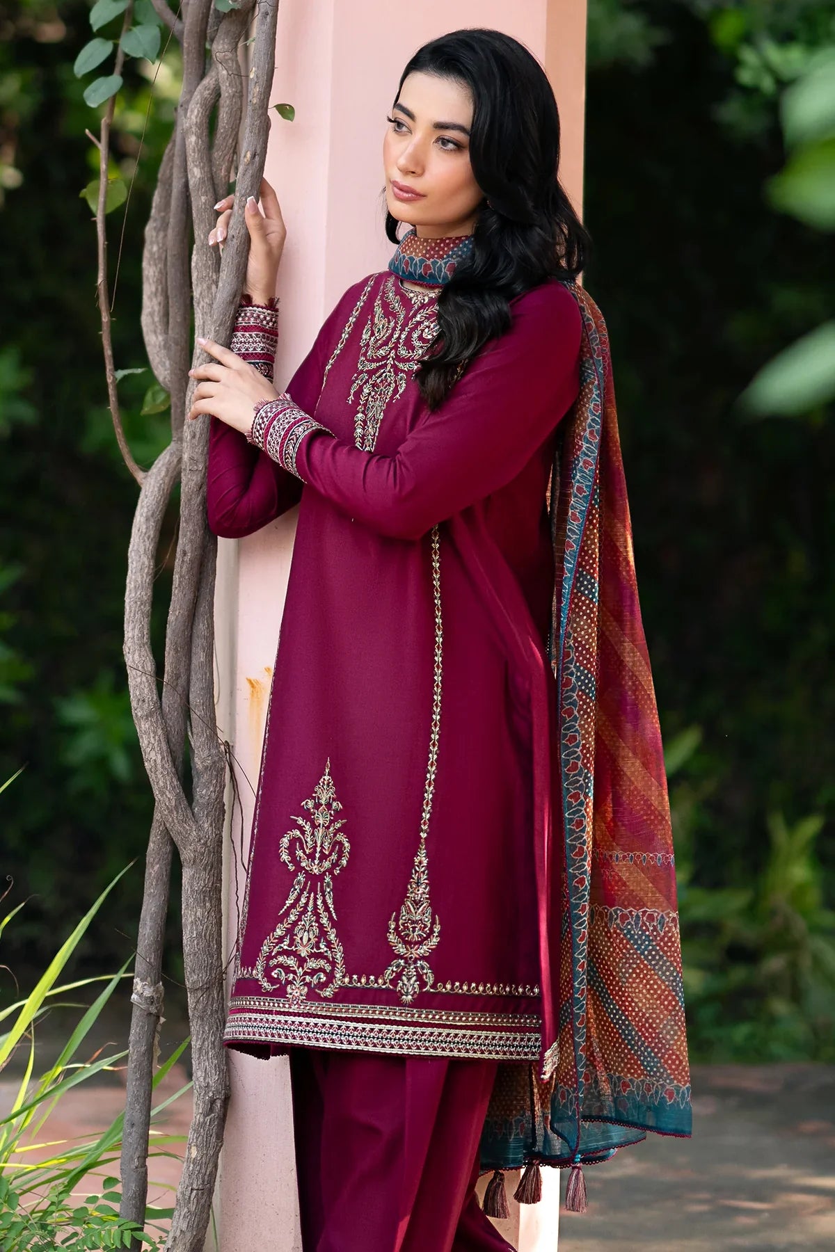 JAZMIN - 3PC DHANAK EMBROIDERED SHIRT WITH TWILL PRINTED SHAWL & TROUSER-EP-5518