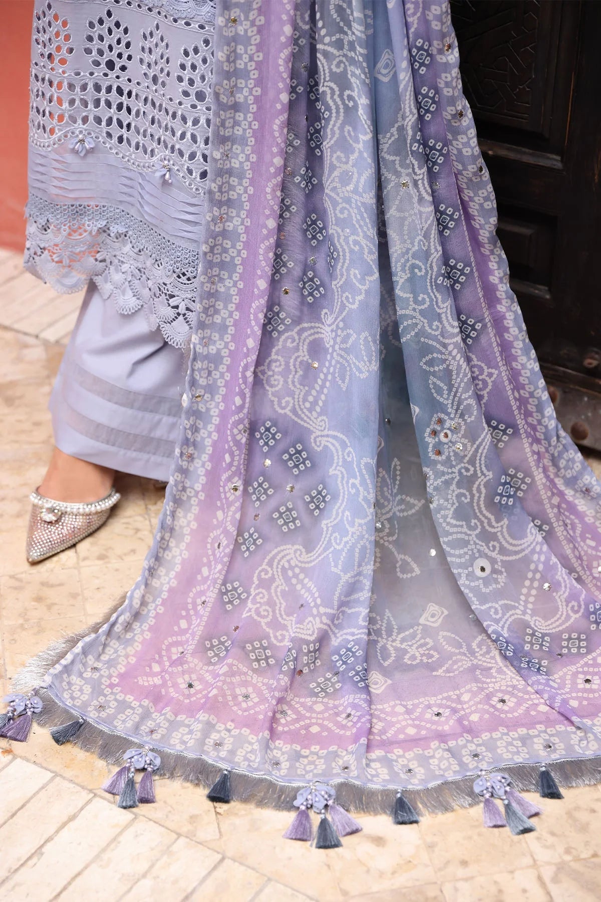 NUREH-3PC LAWN CHIKANKARI EMBROIDERED SHIRT WITH MONARK PRINTED DUPATTA AND EMB TROUSER-PK-5637