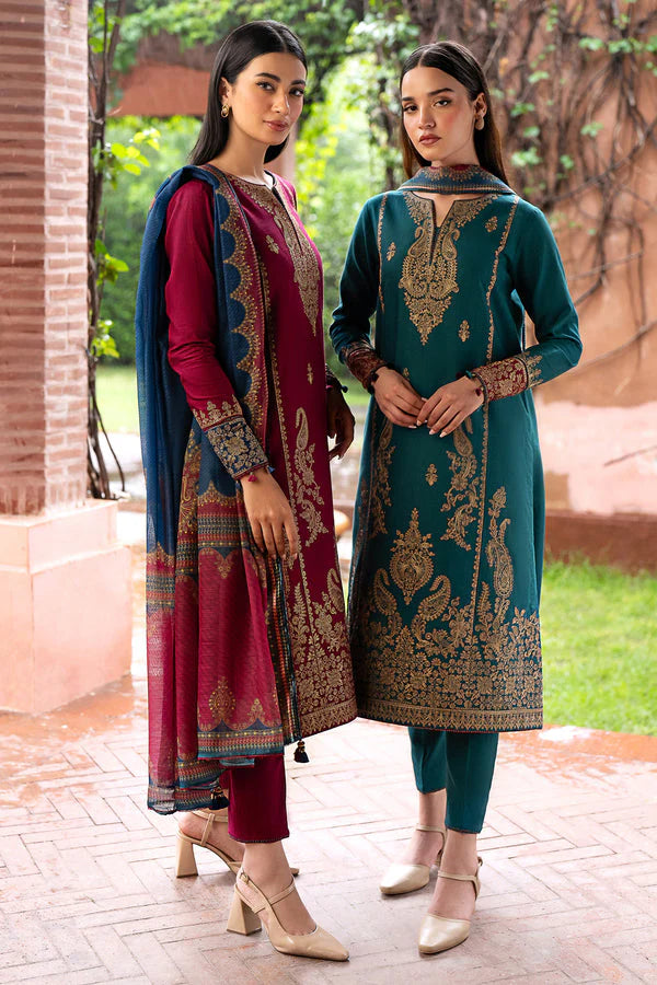 JAZMIN- 3PC DHANAK EMBROIDERED SHIRT WITH TWILL PRINT SHAWL AND TROUSER-EP-5379-A