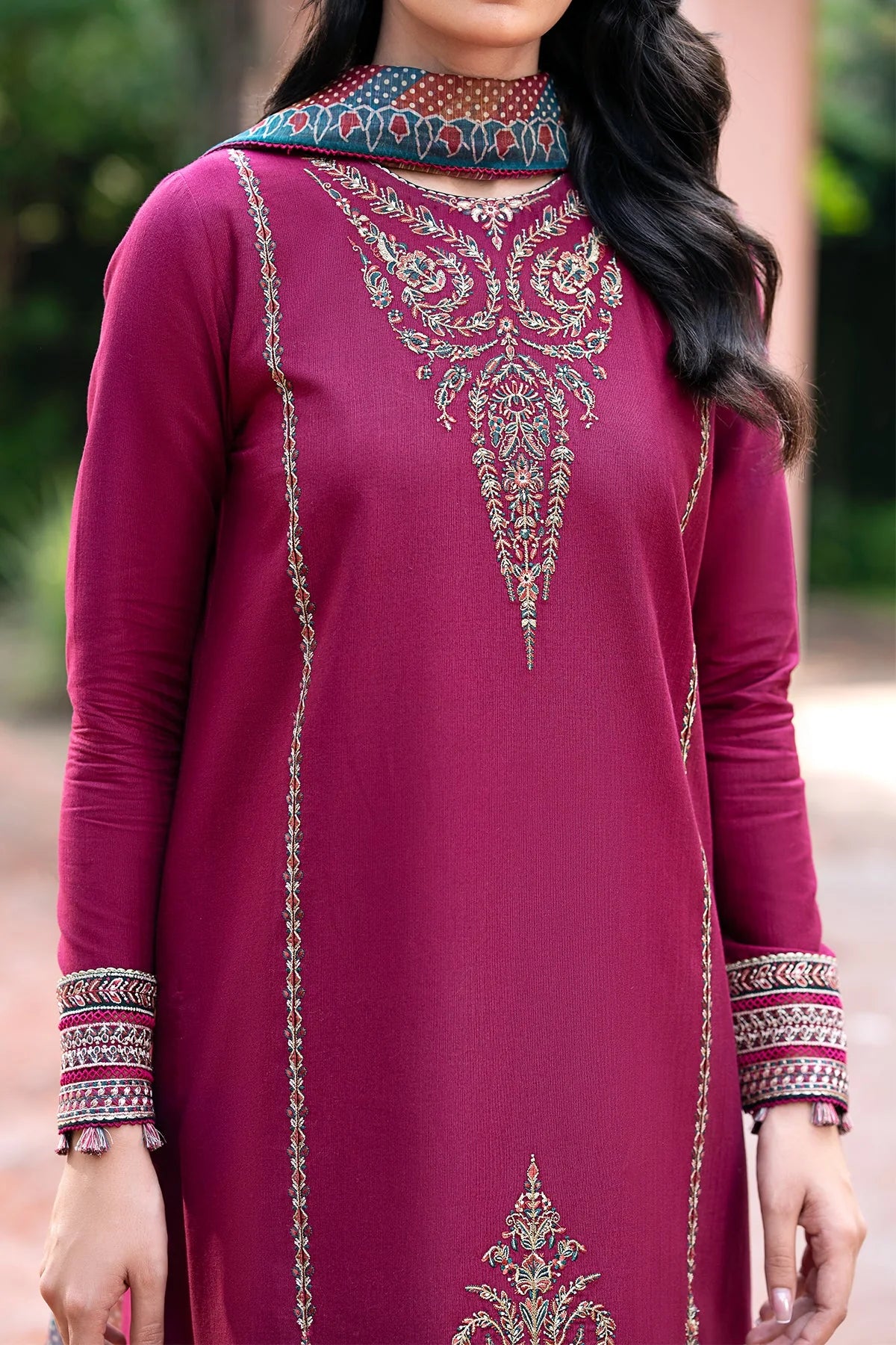 JAZMIN - 3PC DHANAK EMBROIDERED SHIRT WITH TWILL PRINTED SHAWL & TROUSER-EP-5518