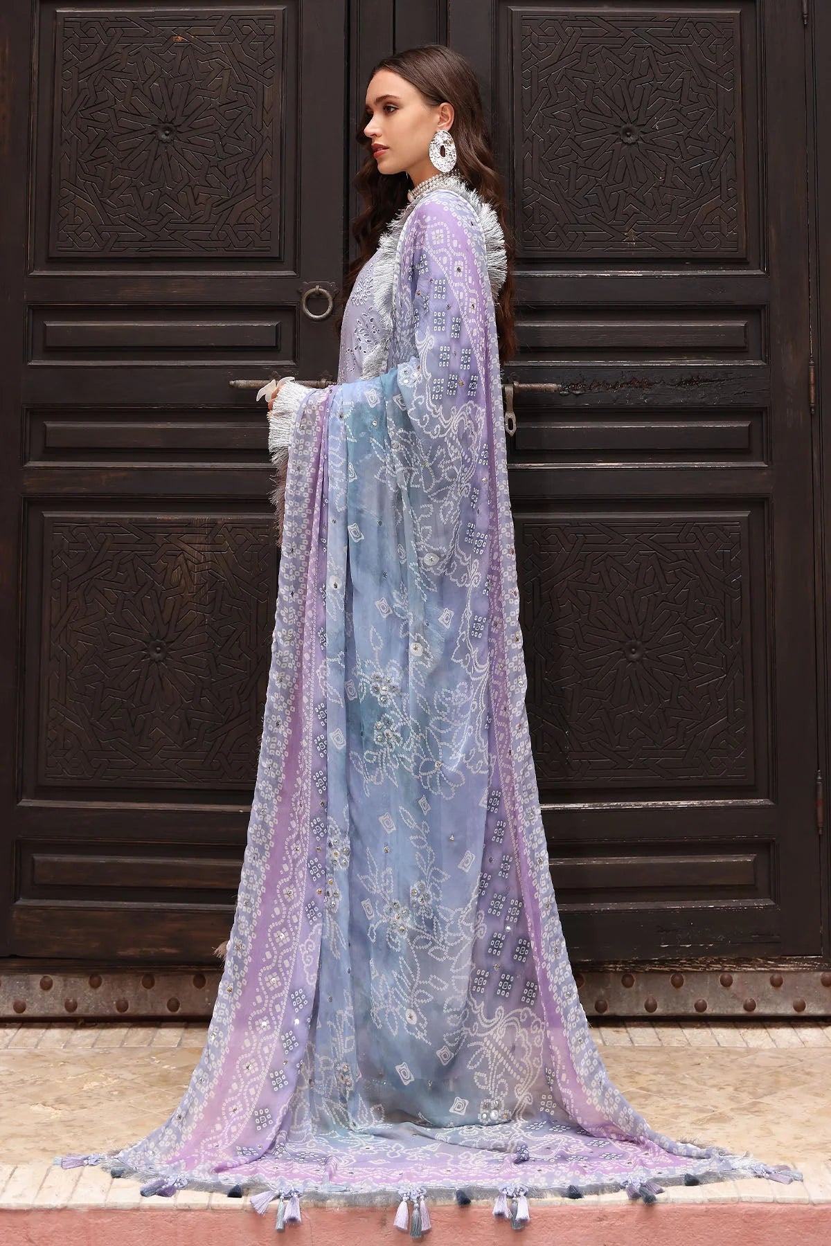 NUREH-3PC LAWN CHIKANKARI EMBROIDERED SHIRT WITH MONARK PRINTED DUPATTA AND EMB TROUSER-PK-5637