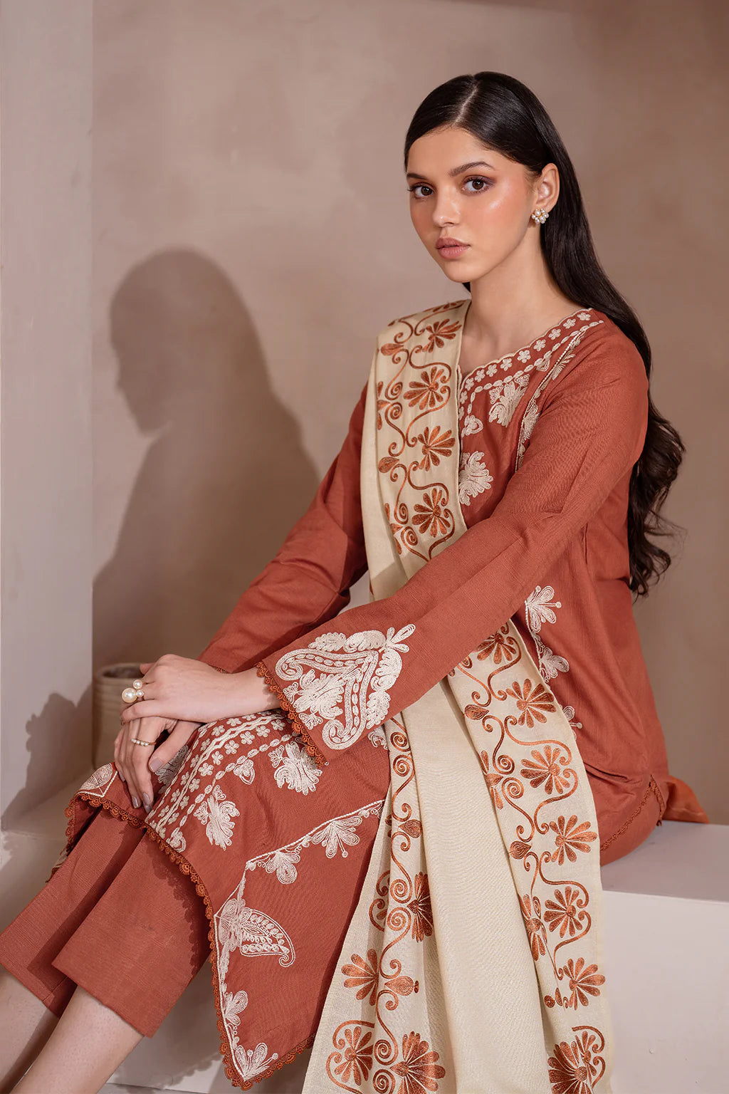 IZNIK-3PC DHANAK EMBROIDERED SHIRT WITH DHANAK EMBROIDERED SHAWL & TROUSER-EP-5503