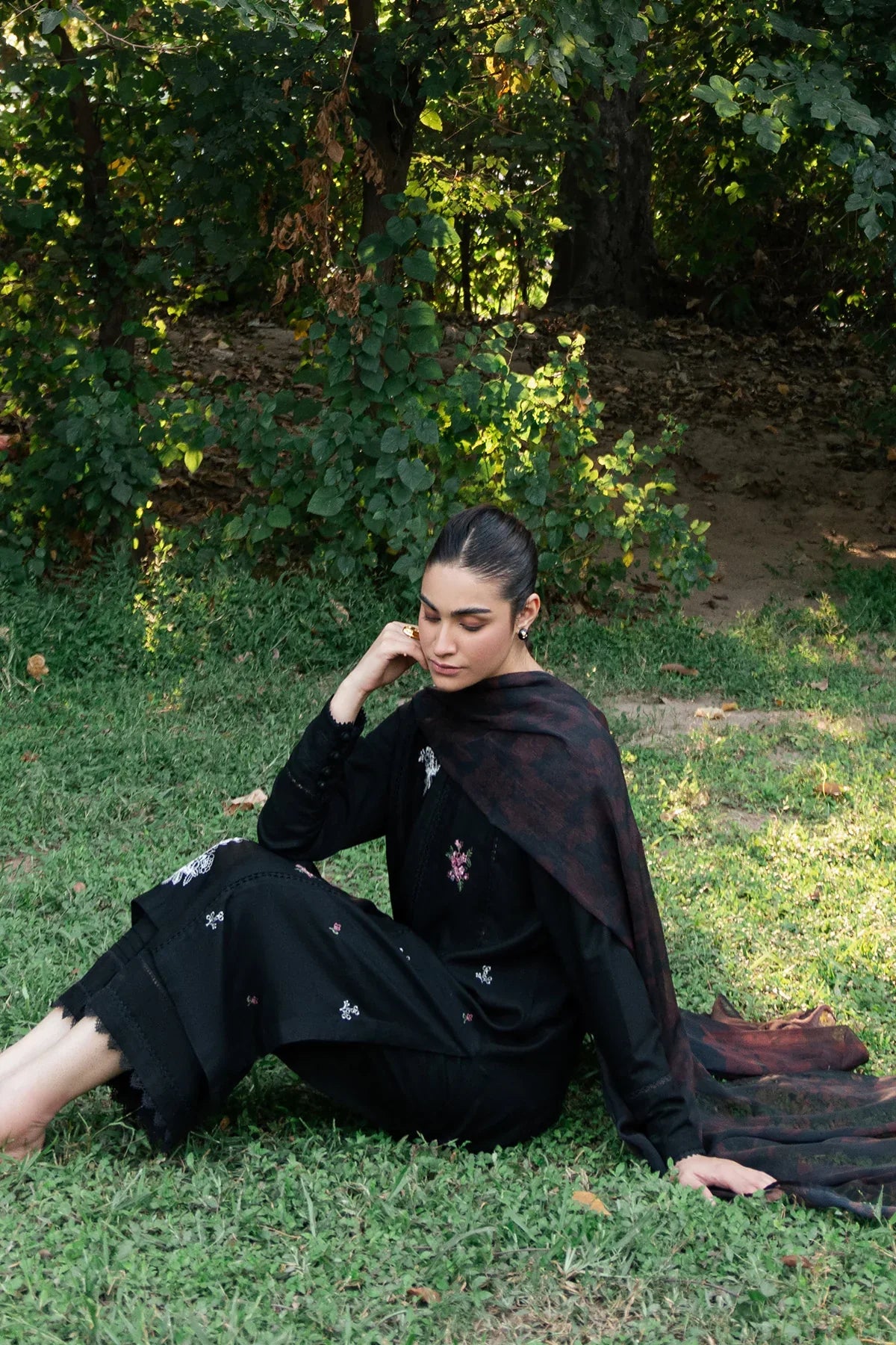 ZIVA - 3PC DHANAK EMBROIDERED SHIRT WITH TWILL PRINTED SHAWL & TROUSER-EP-5010