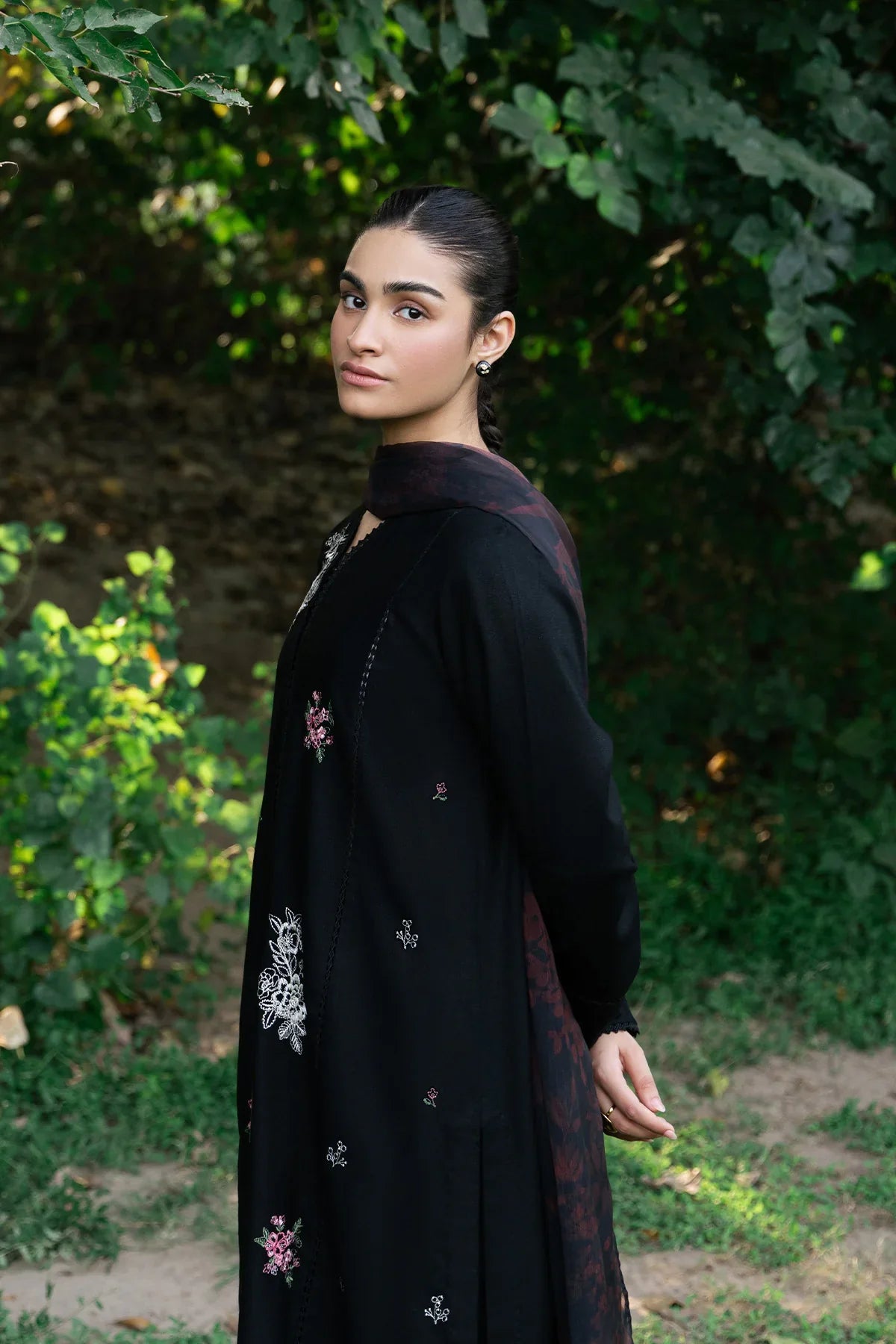 ZIVA - 3PC DHANAK EMBROIDERED SHIRT WITH TWILL PRINTED SHAWL & TROUSER-EP-5010