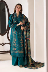 SOBIA NAZIR- 3PC DHANAK EMBROIDERED SHIRT WITH SOFT VOIL DIGITAL PRINTED SHAWL AND TROUSER-PK-3359