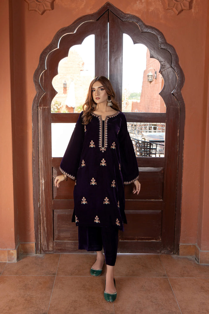 URGE - 2PC VELVET HEAVT EMBROIDERED SHIRT WITH VELEVT EMBROIDERED SLEEVES & VELVET TROUSER-PK-D22 MICROO 9000
