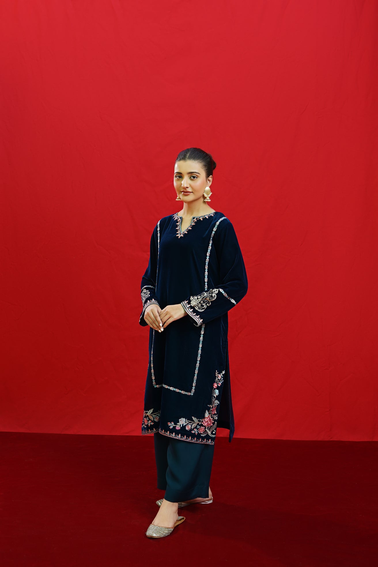 URGE -2PC Velvet Heavy Embroidered Shirt With Velvet Embroidered Sleeves-PK-D23