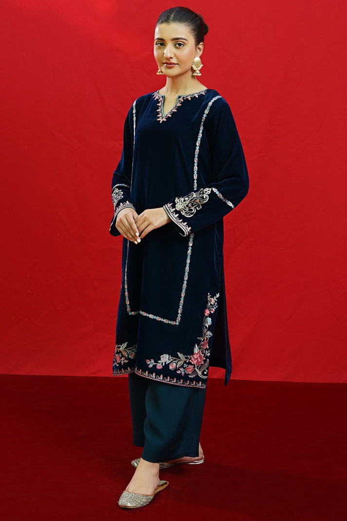 URGE -2PC Velvet Heavy Embroidered Shirt With Velvet Embroidered Sleeves-PK-D23