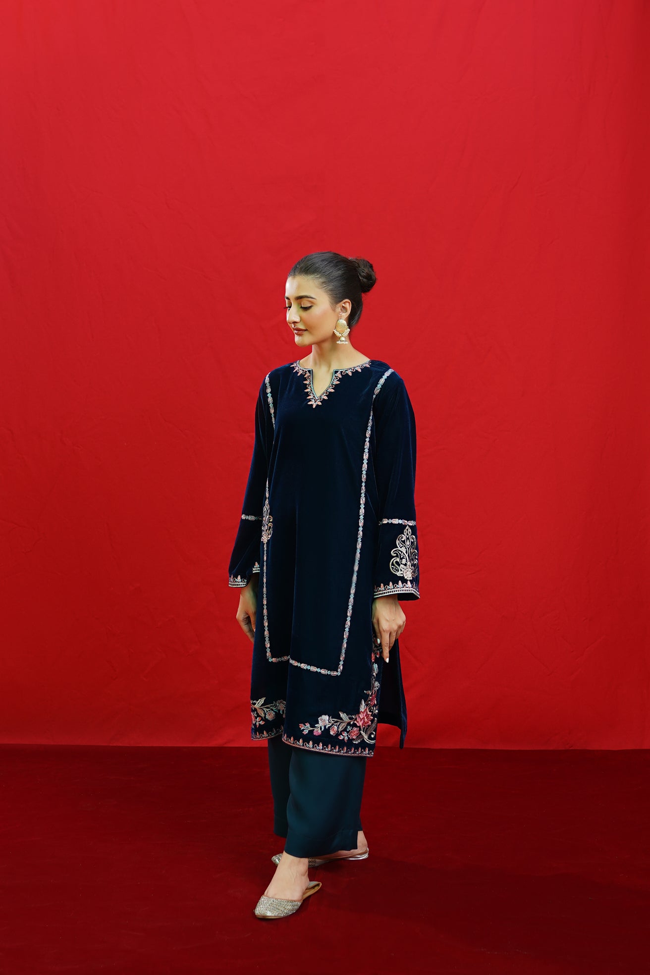 URGE -2PC Velvet Heavy Embroidered Shirt With Velvet Embroidered Sleeves-PK-D23