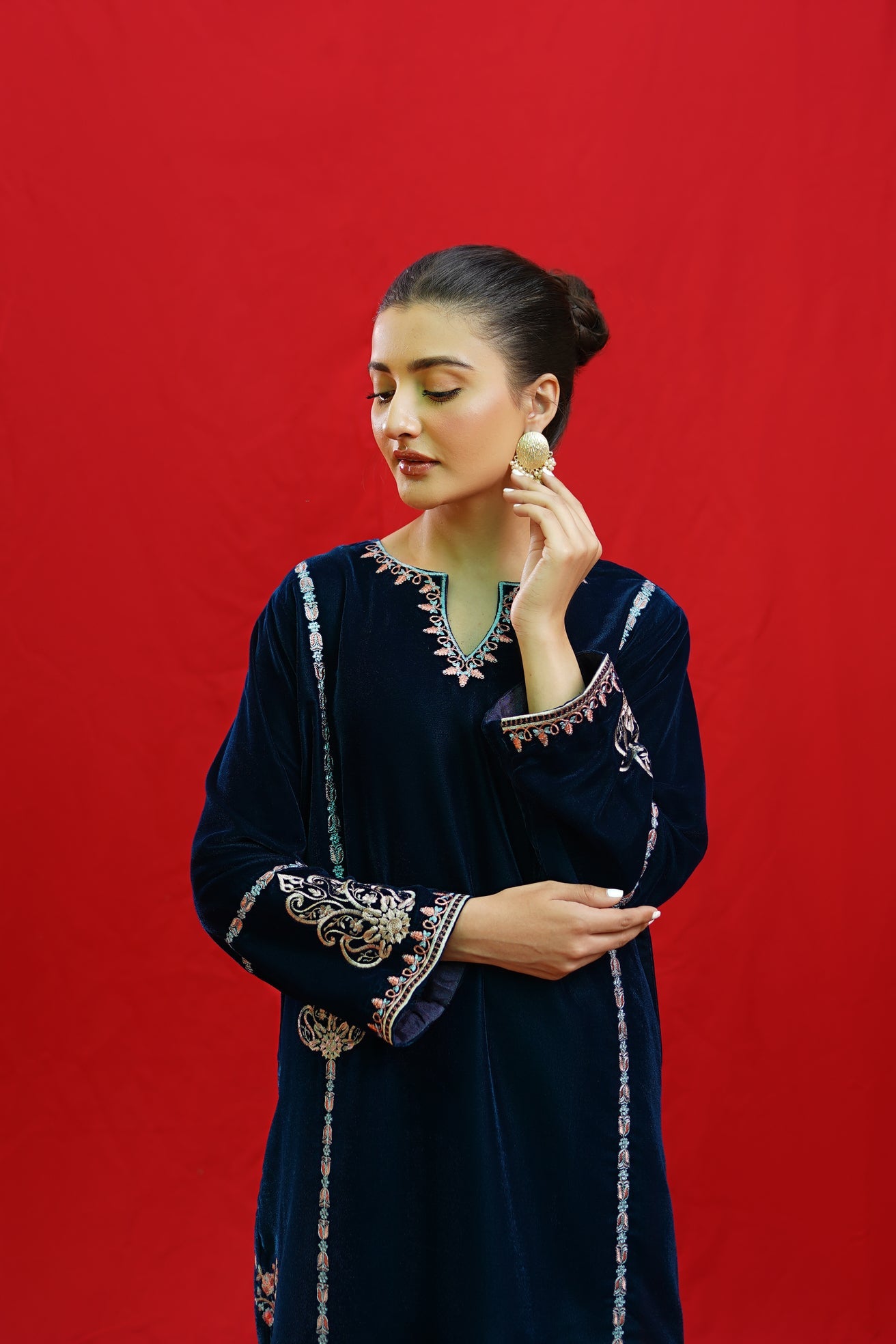 URGE -2PC Velvet Heavy Embroidered Shirt With Velvet Embroidered Sleeves-PK-D23
