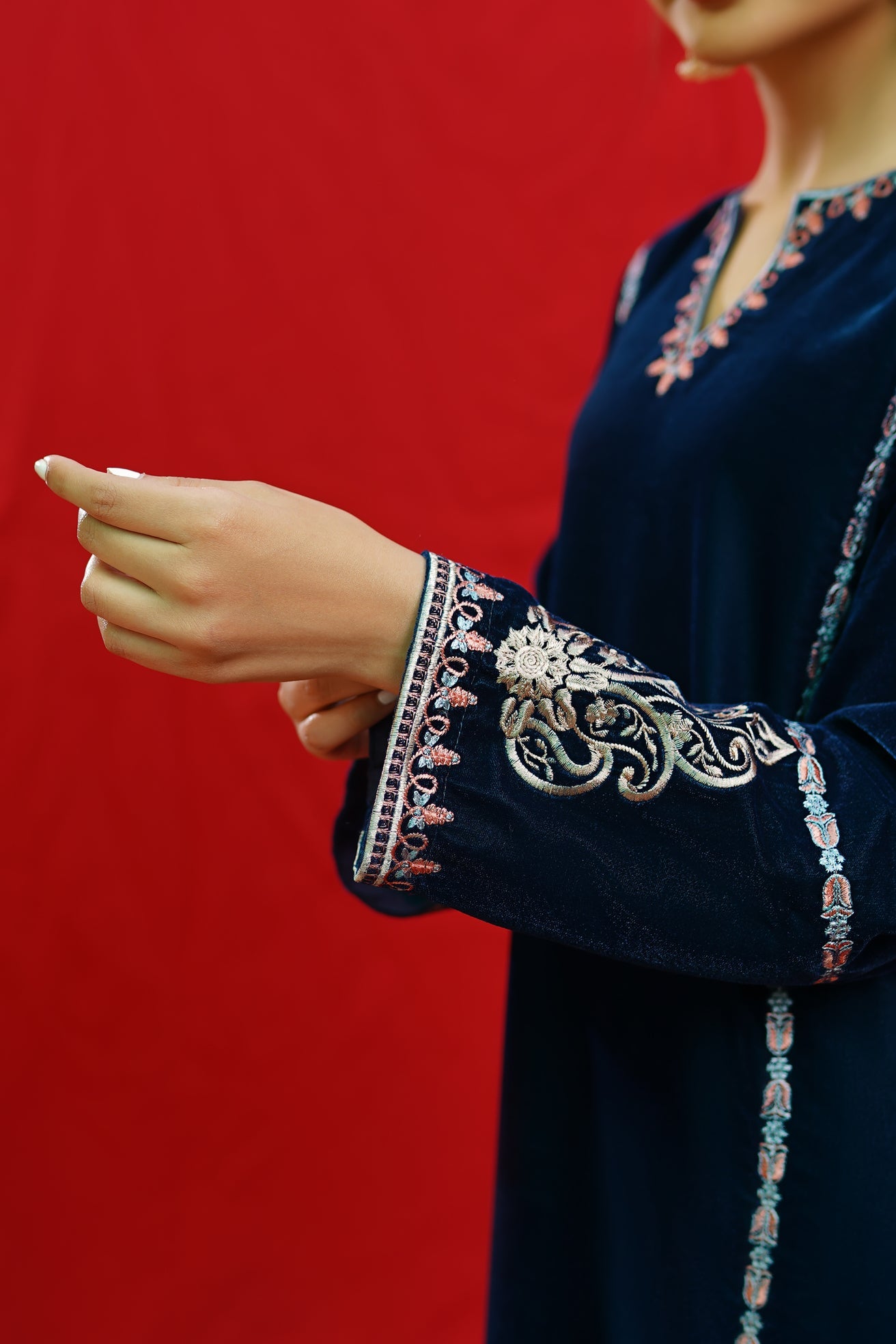 URGE -2PC Velvet Heavy Embroidered Shirt With Velvet Embroidered Sleeves-PK-D23