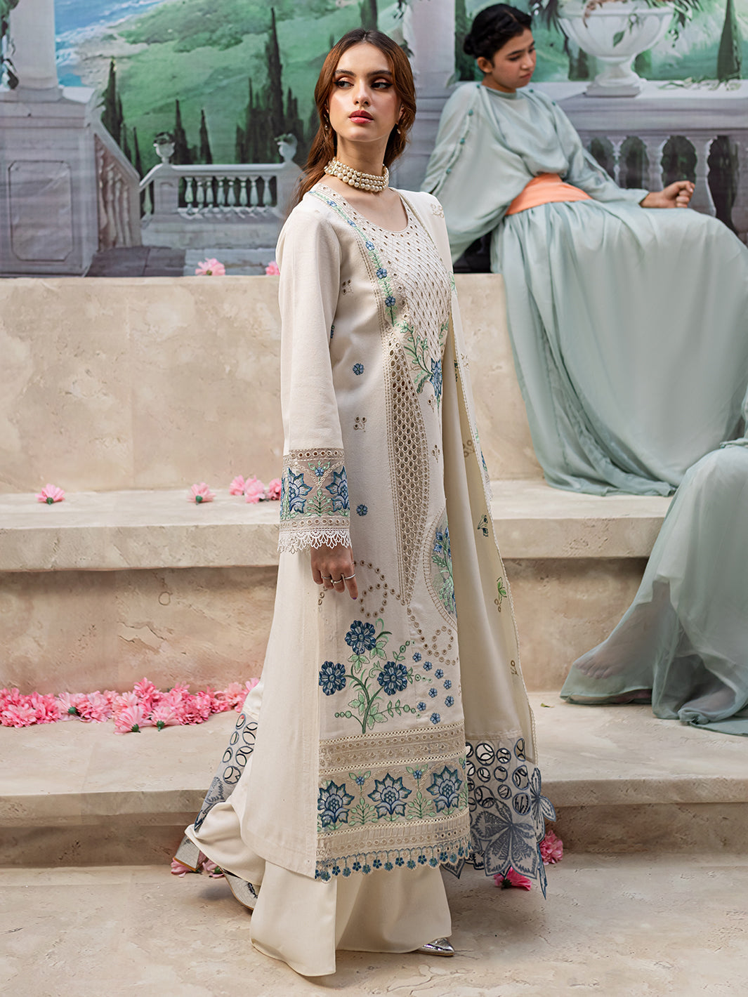 MAHNUR- UNSTITCHED 3PC DHANAK LASER WORK EMBROIDERED SUIT-PK-3650