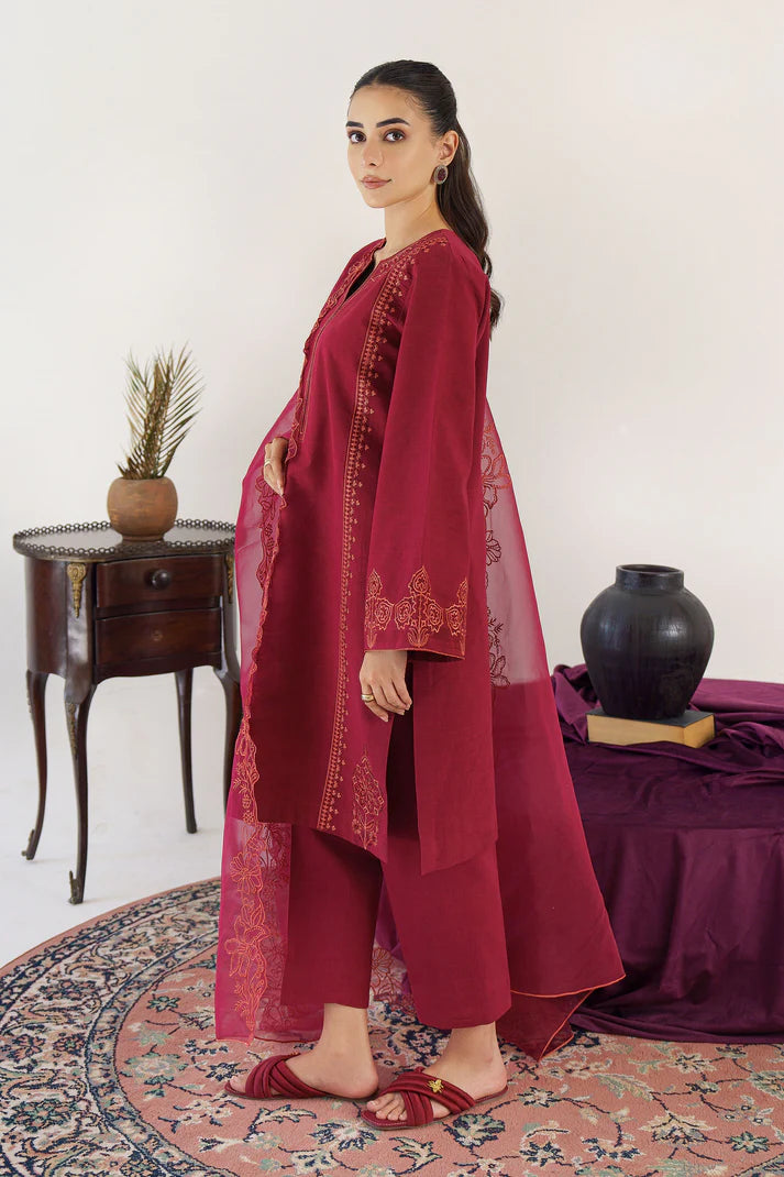 HANA- 3PC KHADAR EMBROIDERED SHIRT WITH ORGANZA EMBROIDRED DUPATTA AND TROUSER-EP-5332