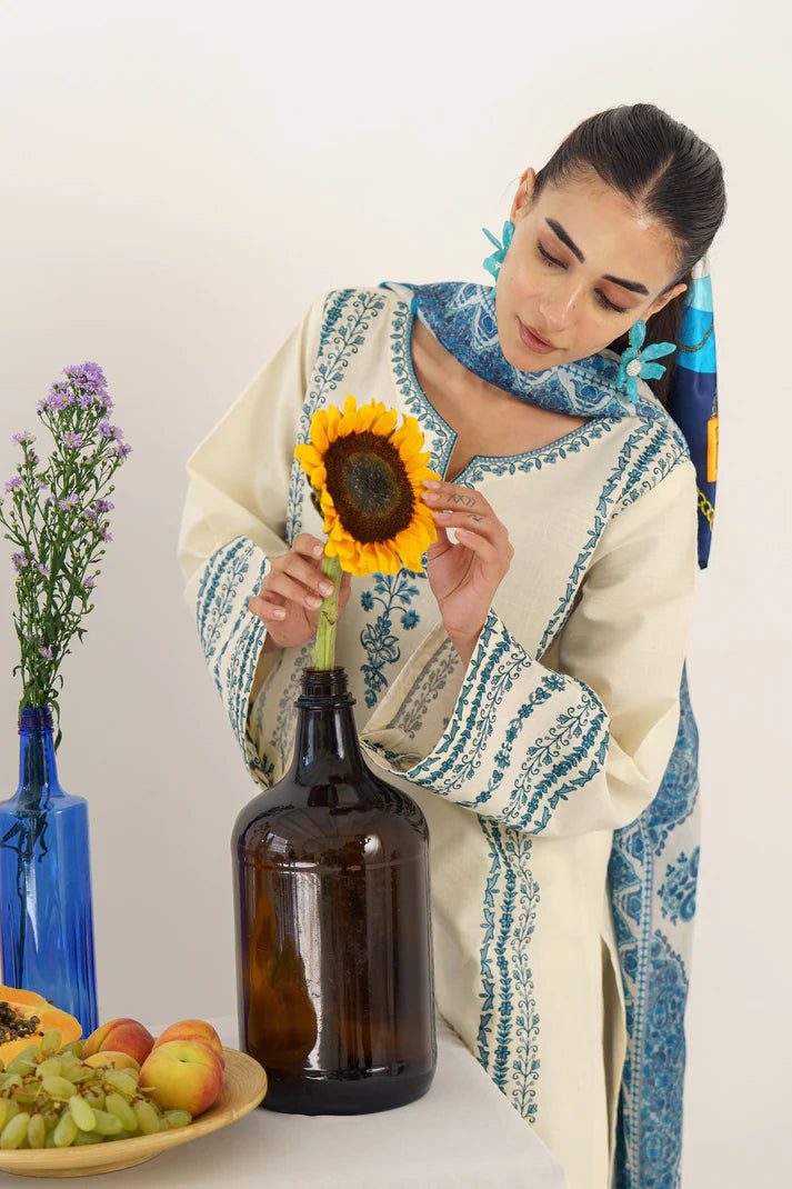 HANA- 3PC KHADAR EMBROIDERED SHIRT WITH COUTURE PRINT SHAWL AND TROUSER-EP-5333