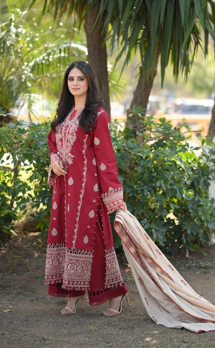 HANA- 3PC DHANAK EMBROIDERED SHIRT WITH COUTURE PRINT SHAWL & TROUSER-EP-5388