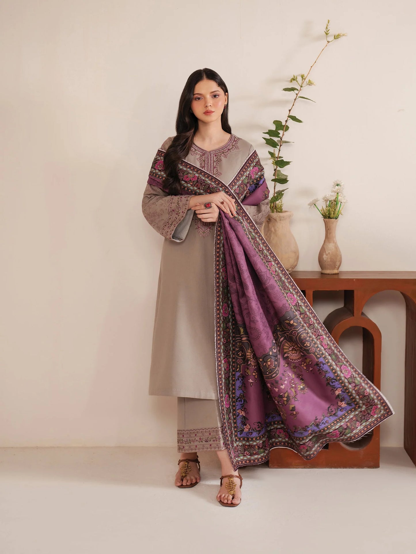 GARNET-3PC LAWN EMBROIDERED SHIRT WITH MONARK PRINT DUPATTA AND TROUSER-PK-5554