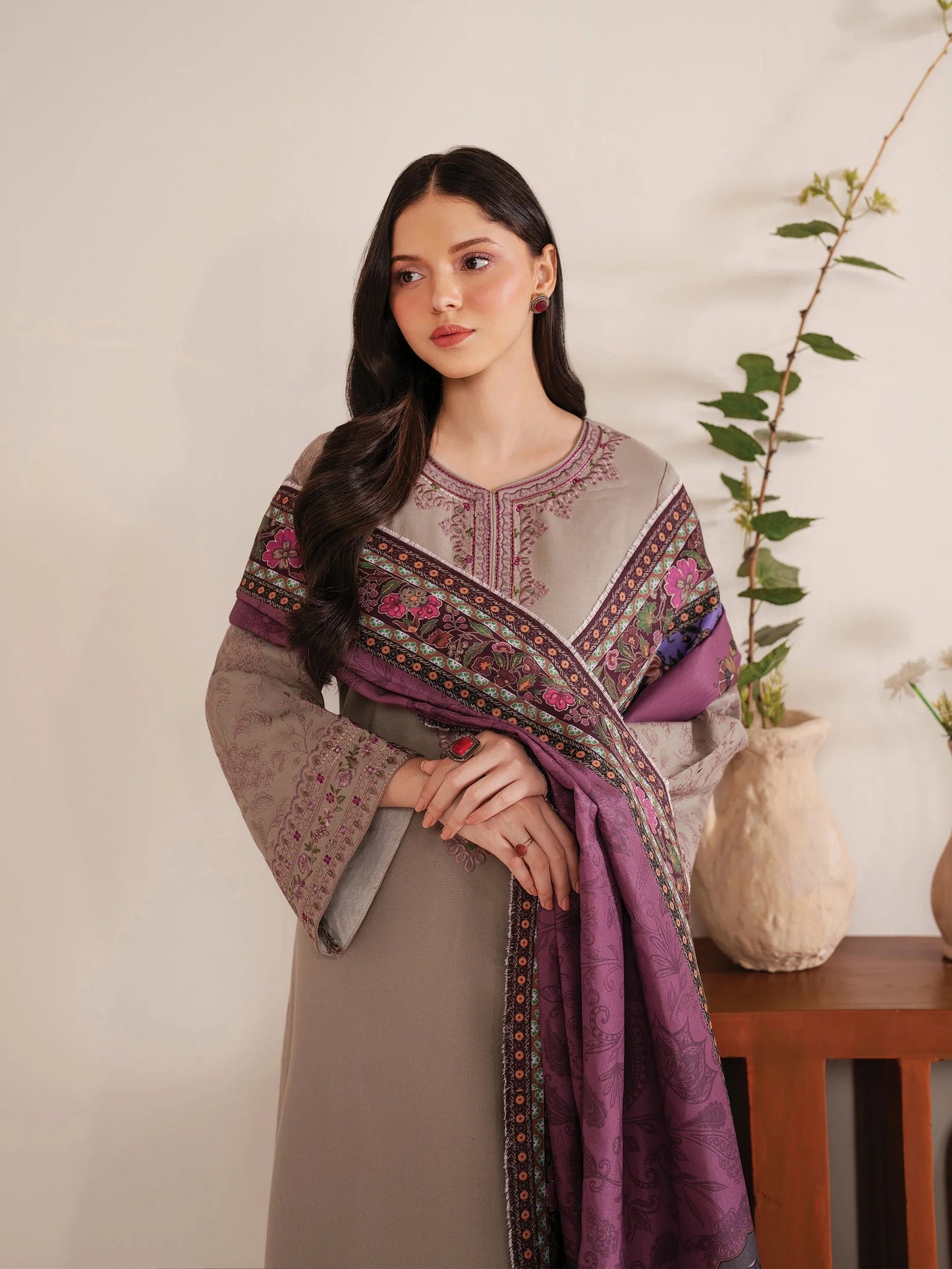 GARNET-3PC LAWN EMBROIDERED SHIRT WITH MONARK PRINT DUPATTA AND TROUSER-PK-5554