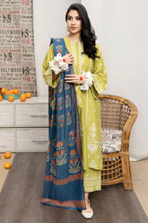 URGE-3PC DHANAK EMBROIDERED SHIRT WITH COURTRAI PRINTED SHAWL AND EMB TROUSER-EP-5191