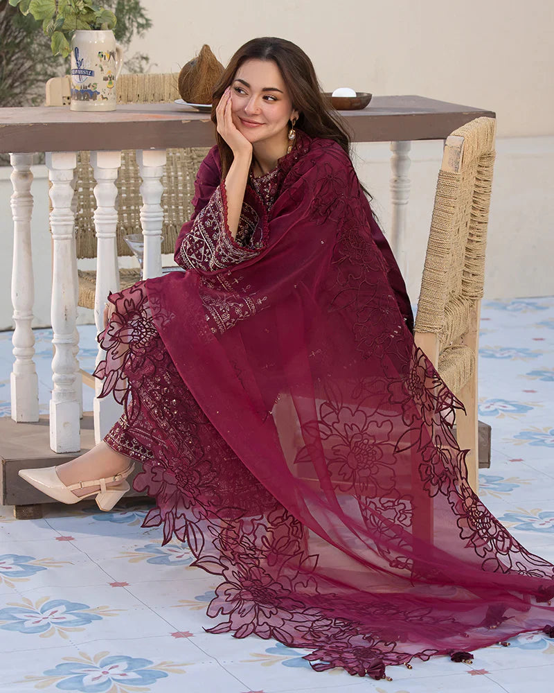 QALAMQAR-3PC DHANAK EMBROIDERED SHIRT WITH ORGANZA EMBROIDERED DUPATTA AND EMB TROUSER-PK-5663