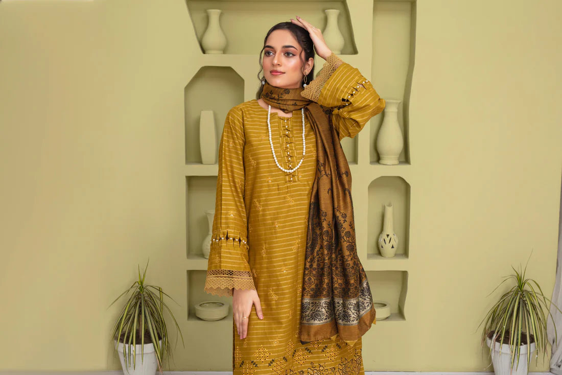 ELAAN.PK-3PC SLUB KHADAR CUTWORK EMBROIDERED SHIRT WITH JACQUARD WOOL SHAWL-EP-5482
