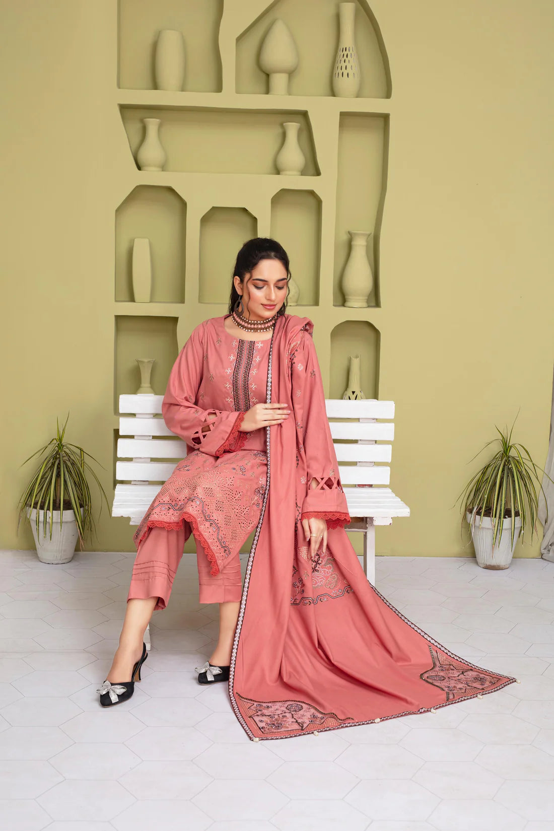 PULK-3PC DHANAK EMBROIDERED SHIRT WITH HEAVY CUTWORK EMBROIDERED DHANAK SHAWL AND TROUSER-PK-5477