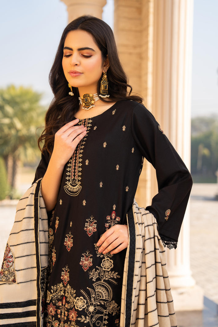 PULK-3PC DHANAK EMBROIDERED SHIRT WITH HEAVY CUTWORK EMBROIDERED JACQUARD WOOL SHAWL-PK-5532