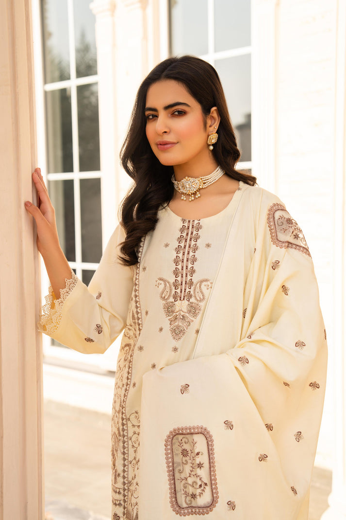 PULK-3PC DHANAK EMBROIDERED SHIRT WITH DHANAK HEAVY CUTWORK EMBROIDERED SHAWL-PK-5533