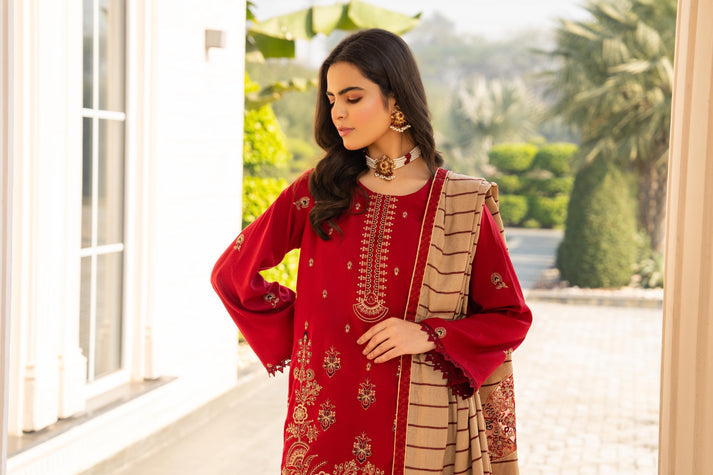 PULK-3PC DHANAK CUTWORK EMBROIDERED SHIRT WITH HEAVY CUTWORK EMBROIDERED JACQUARD WOOL SHAWL -PK-5534