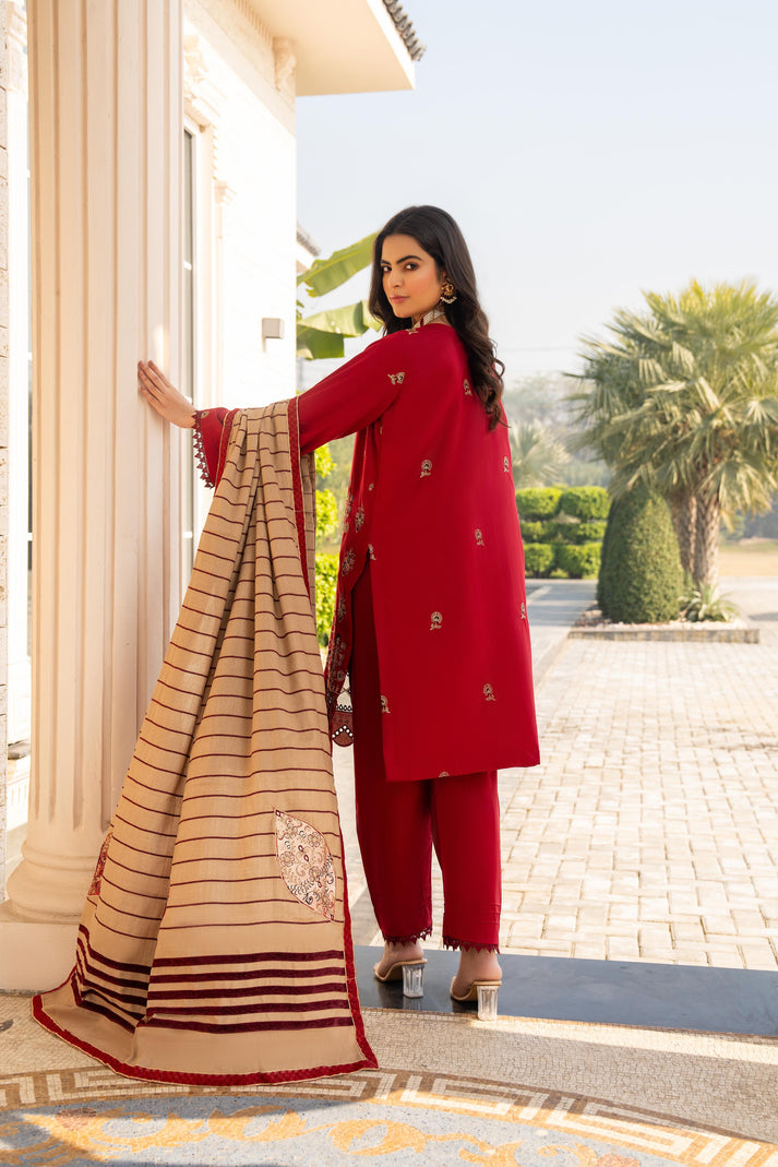 PULK-3PC DHANAK CUTWORK EMBROIDERED SHIRT WITH HEAVY CUTWORK EMBROIDERED JACQUARD WOOL SHAWL -PK-5534