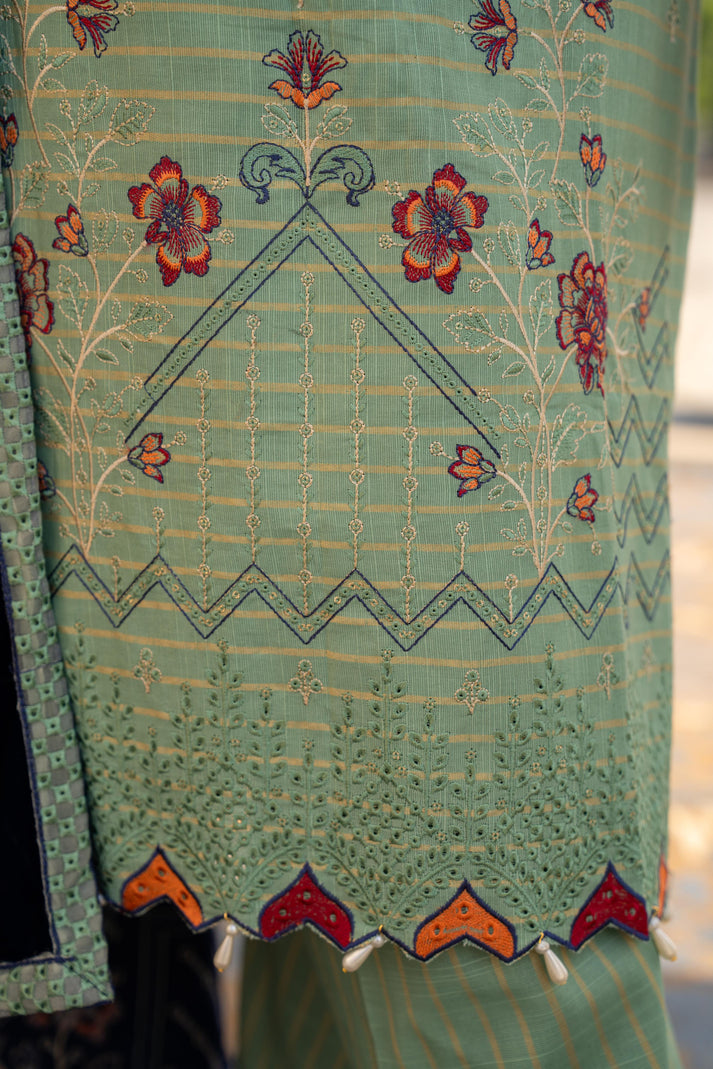 PULK-3PC KHADDAR EMBROIDERED SHIRT WITH VELVET EMBROIDERED READY TO WEAR SHAWL-PK-5530