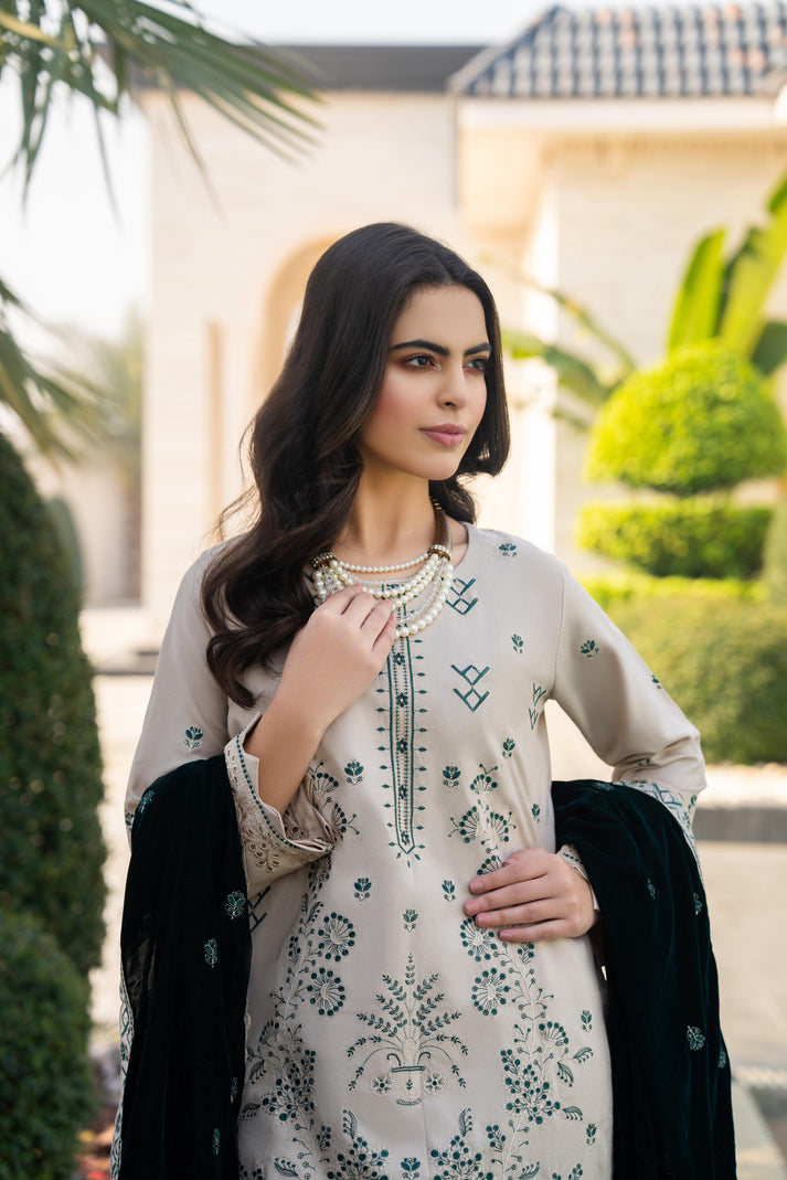 PULK-3PC DHANAK EMBROIDERED SHIRT WITH VELVET EMBROIDERED READY TO WEAR SHAWL-PK-5531