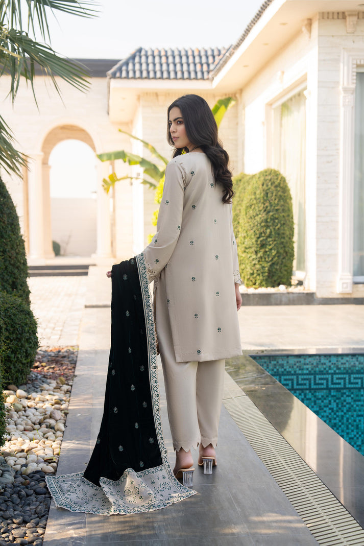 PULK-3PC DHANAK EMBROIDERED SHIRT WITH VELVET EMBROIDERED READY TO WEAR SHAWL-PK-5531