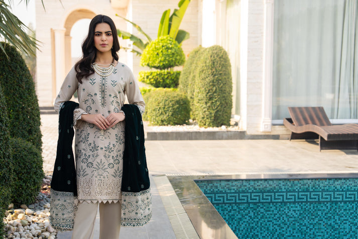 PULK-3PC DHANAK EMBROIDERED SHIRT WITH VELVET EMBROIDERED READY TO WEAR SHAWL-PK-5531