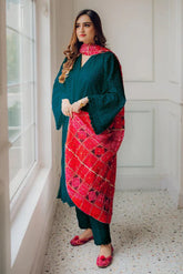 MARIA B-3PC CHIKANKAARI LAWN EMBROIDERED SHIRT WITH CHUNRI PRINT DUPATTA AND TROUSER-PK-5672
