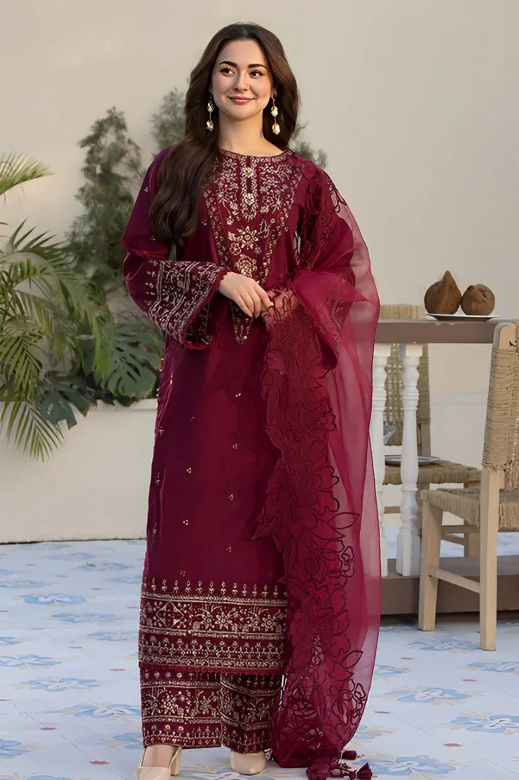 QALAMQAR-3PC DHANAK EMBROIDERED SHIRT WITH ORGANZA EMBROIDERED DUPATTA AND EMB TROUSER-PK-5663