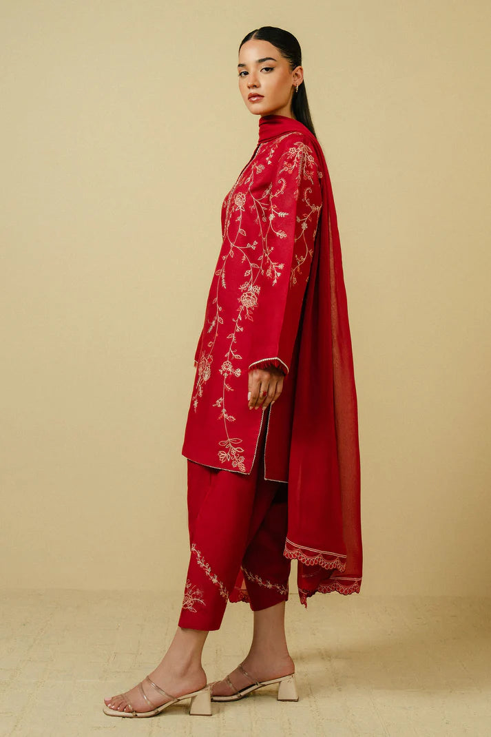 ZAHRA SHAHJAHAN - 3PC DHANAK EMBROIDERED SHIRT WITH CHIFFON EMBROIDERED DUPATTA & TROUSER-EP-5381