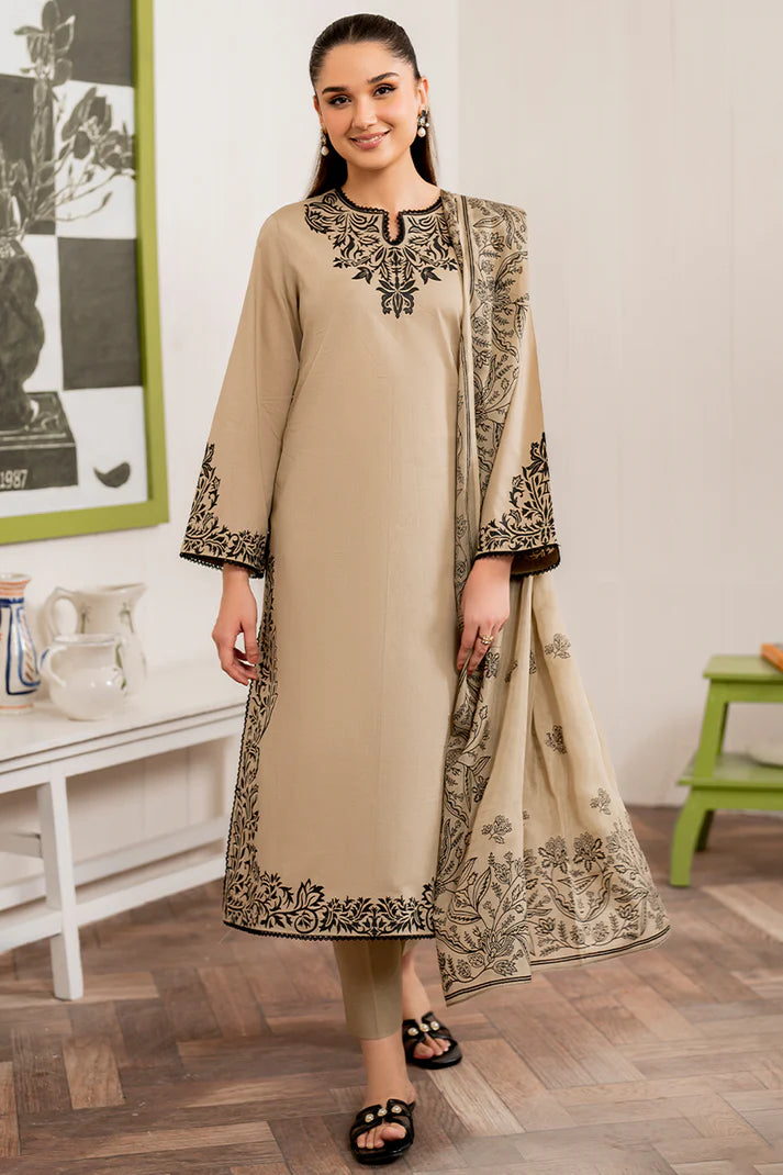 GARNET-3PC DHANAK EMBROIDERED SHIRT WITH COUTURE PRINT SHAWL & DHANAK TROUSER-PK-5352